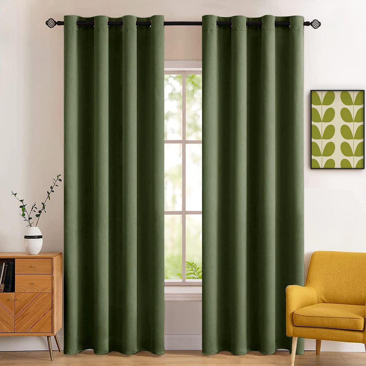 MIULEE blackout curtains fabric close-up in olive green for durable, fade-resistant texture.