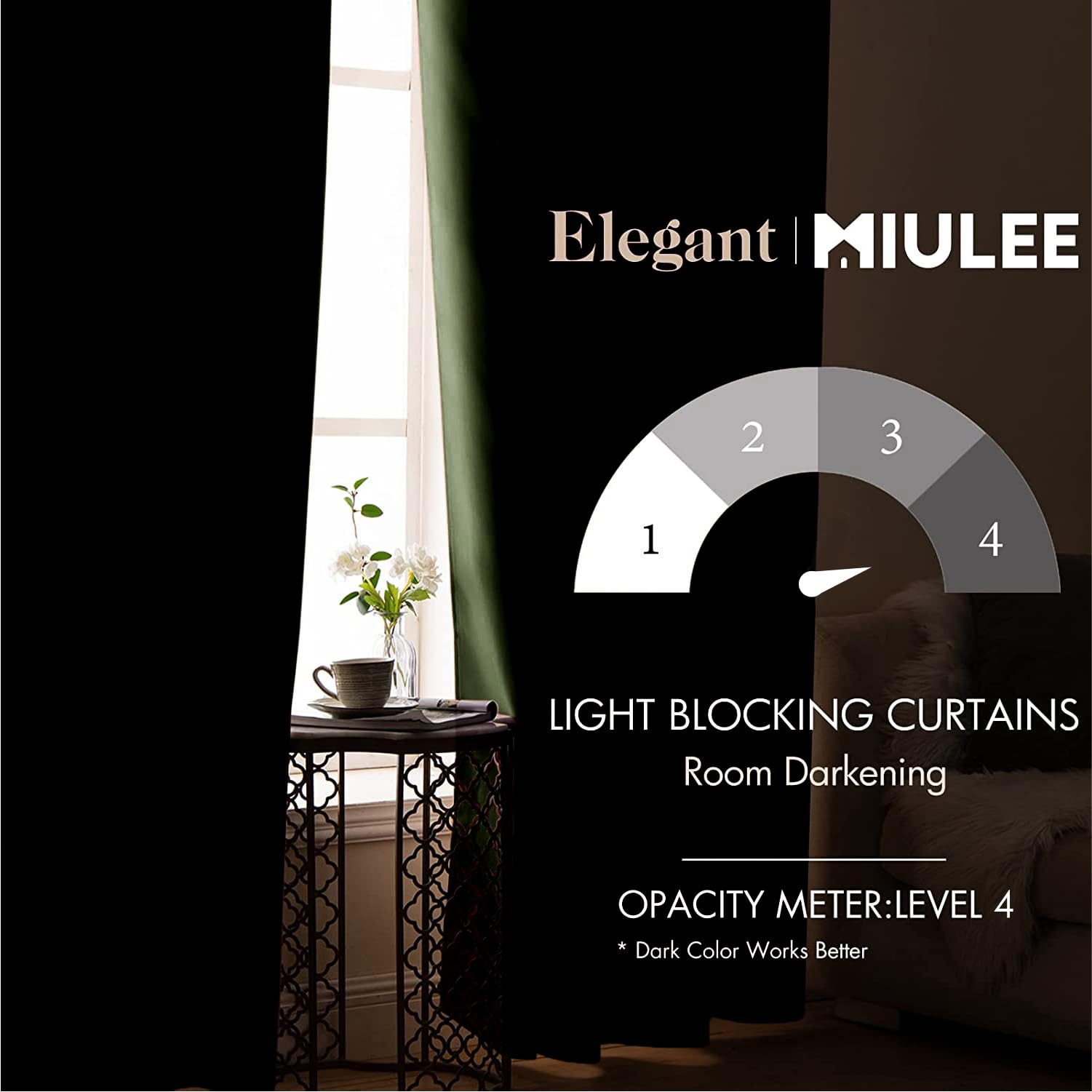 MIULEE olive-green blackout curtain grommets detail for smooth rod sliding.