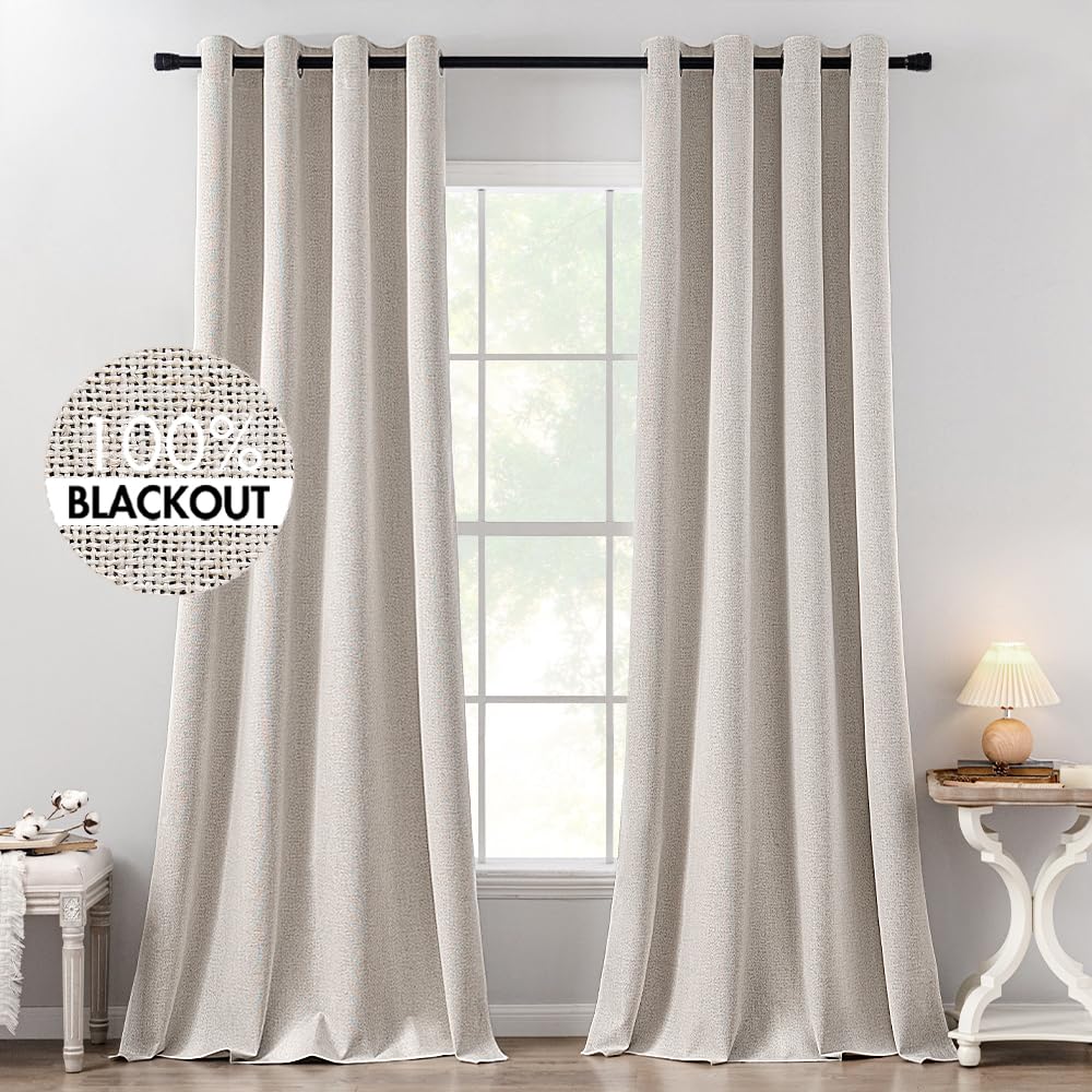 MIULEE blackout linen curtains ivory panel close-up texture highlighting luxury and privacy.