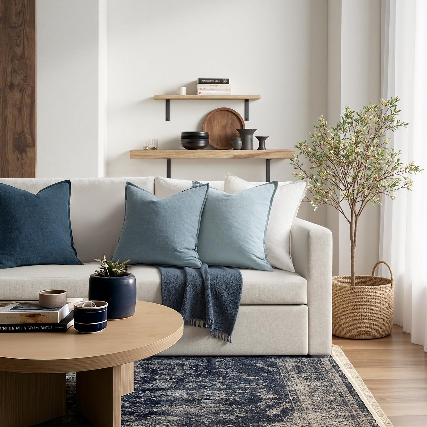 MIULEE blue pillow covers natural linen fabric close-up highlights breathable, soft texture.