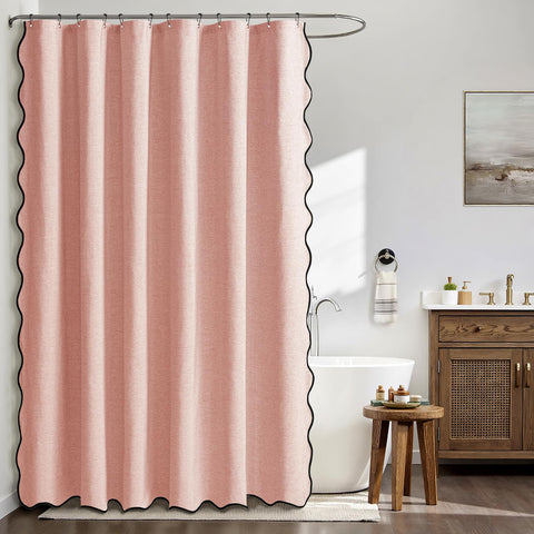 MIULEE blush pink scalloped curtain fabric close-up reveals faux linen texture