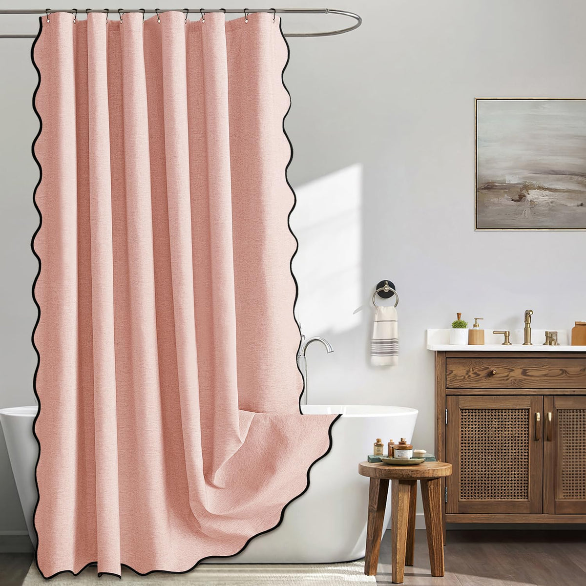 MIULEE blush pink scalloped shower curtain front view adds soft style and privacy