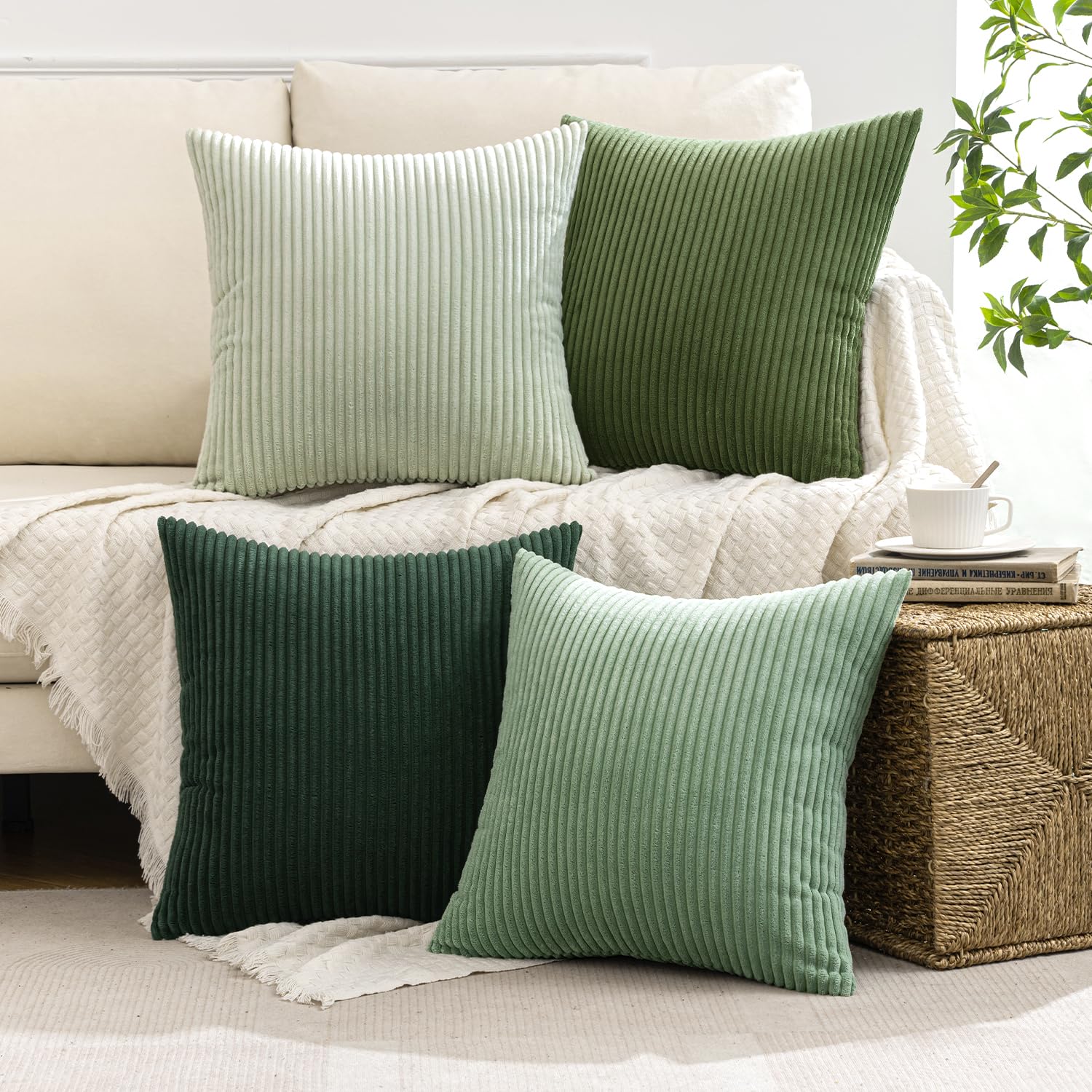 MIULEE Boho pillow cover on sofa adds forest-green warmth.