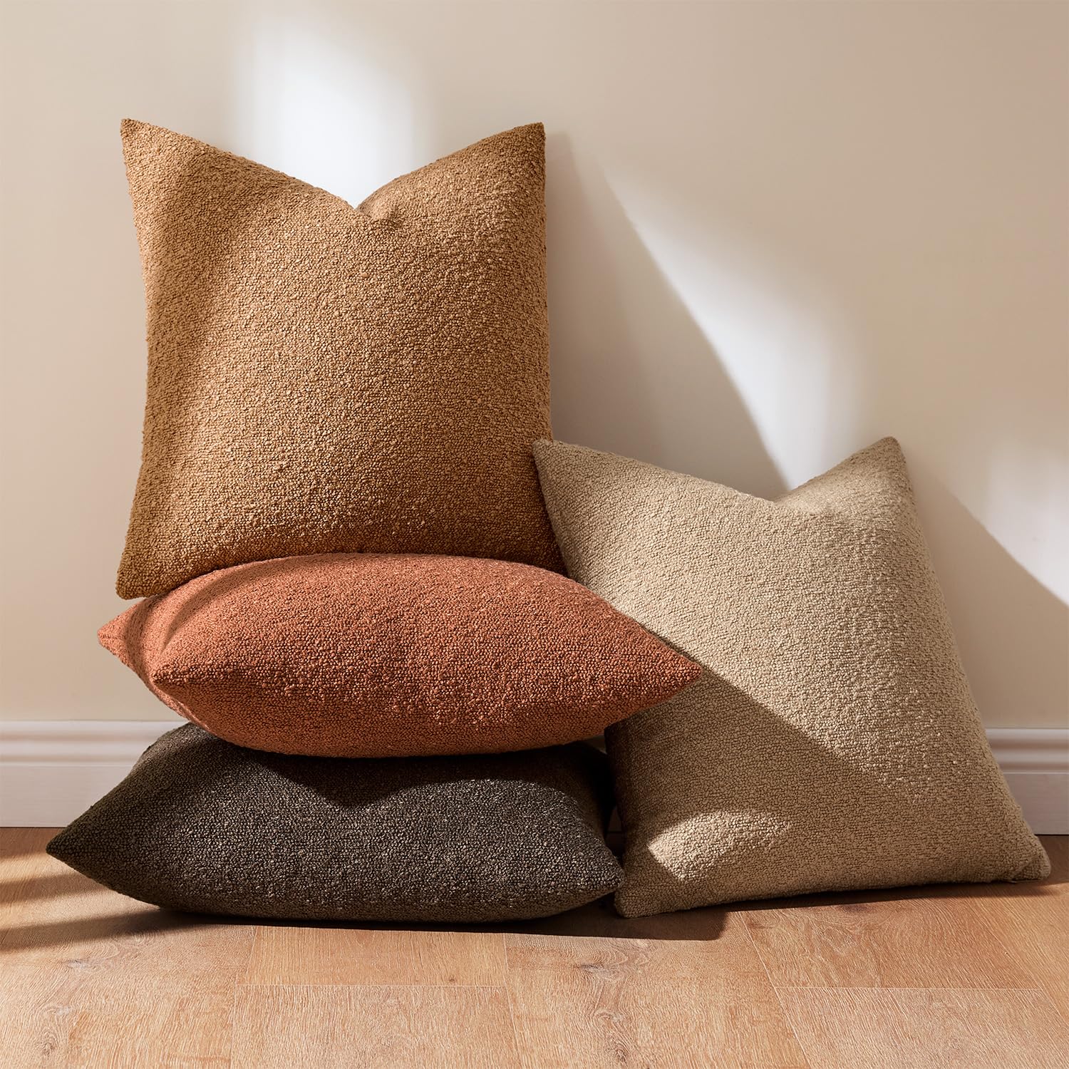 MIULEE Bouclé pillow cover 18x18 in a cozy bedroom setting
