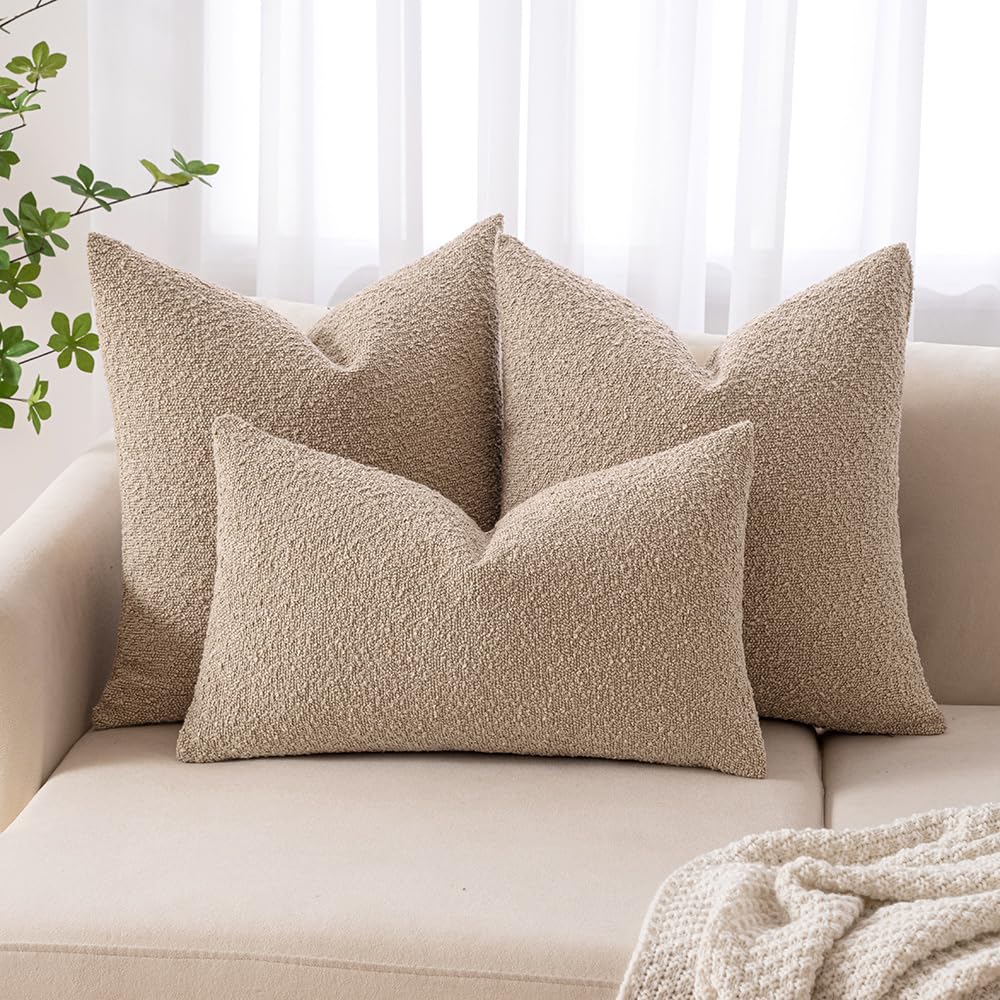 MIULEE boucle pillow cover on sofa showcases neutral tones for versatile decor