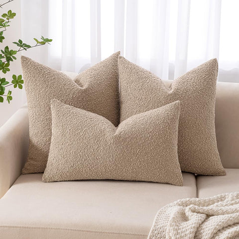 MIULEE boucle pillow cover on sofa showcases neutral tones for versatile decor