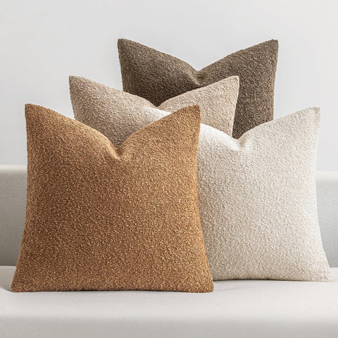 MIULEE bouclé pillow cover texture enhances a warm brown living room accent