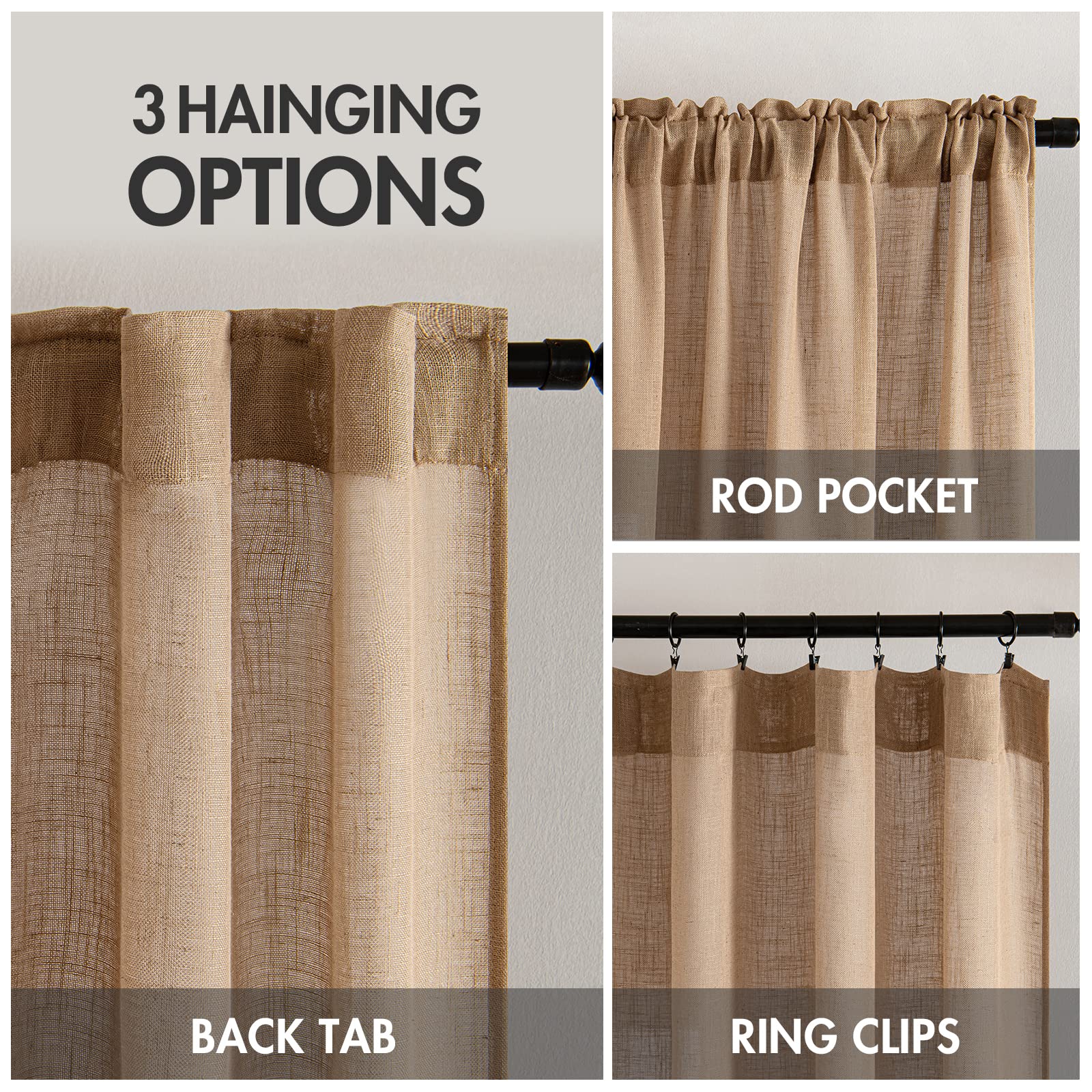MIULEE brown linen curtains rod-pocket-back-tab close-up demonstrates versatile hanging options.