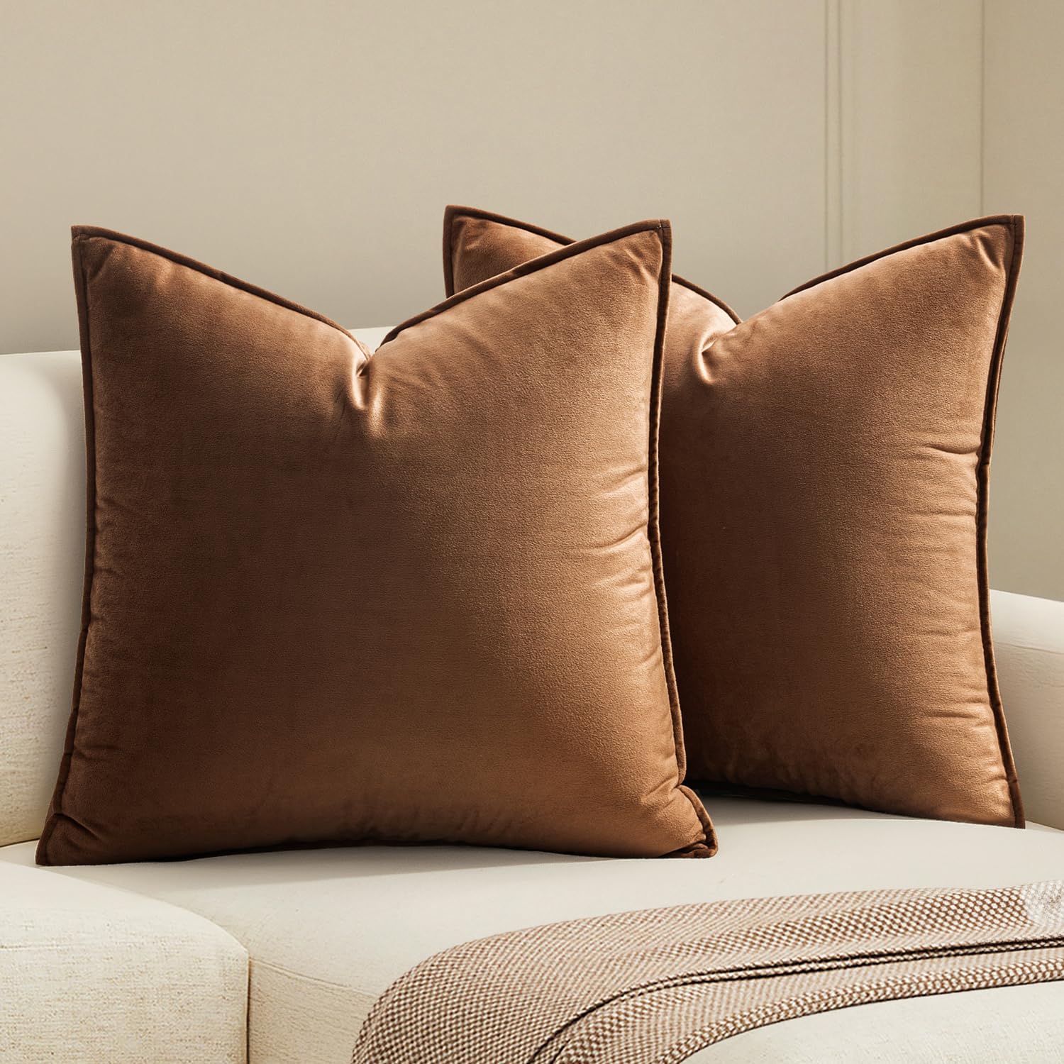 MIULEE brown velvet pillow cover with 22x22 fit adds luxurious texture.
