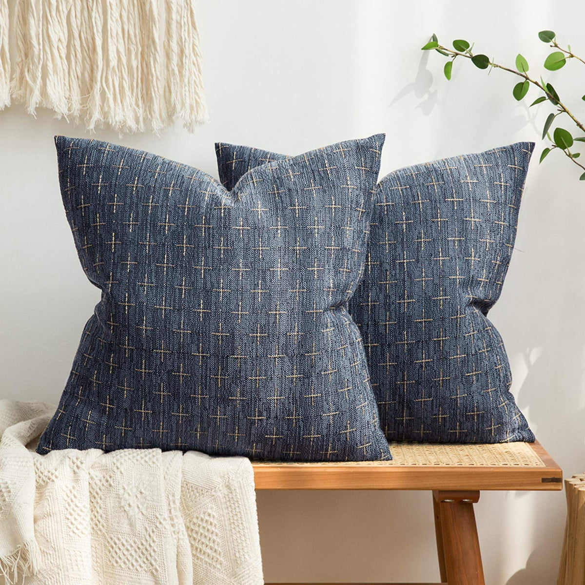 MIULEE burlap linen pillow cover in blue on sofa adds rustic charm.