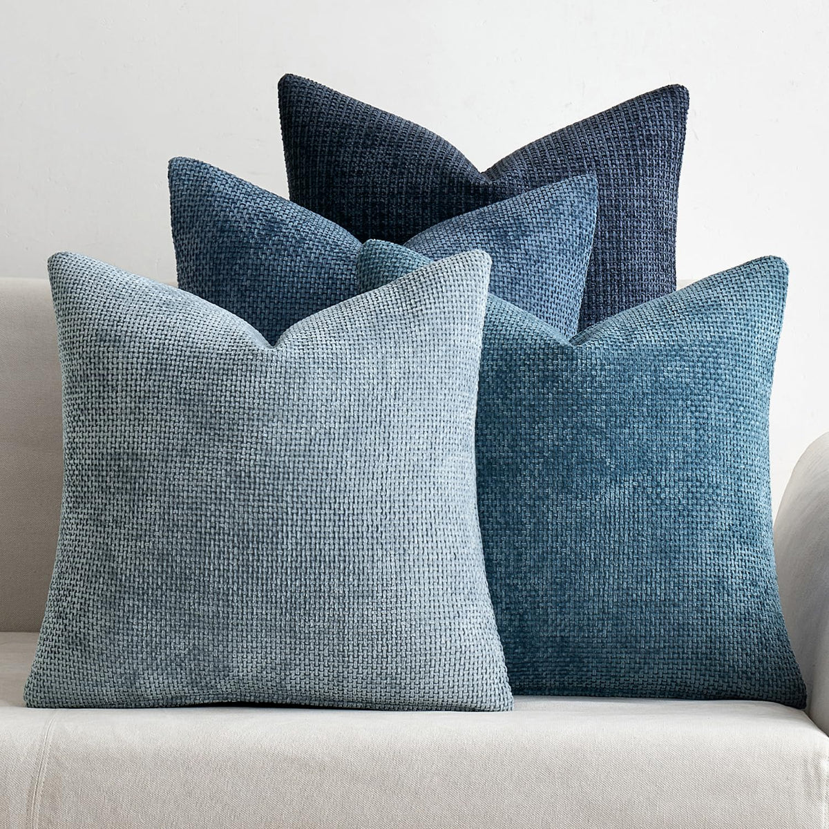 MIULEE chenille pillow cover in soft blue closeup highlights plush texture.