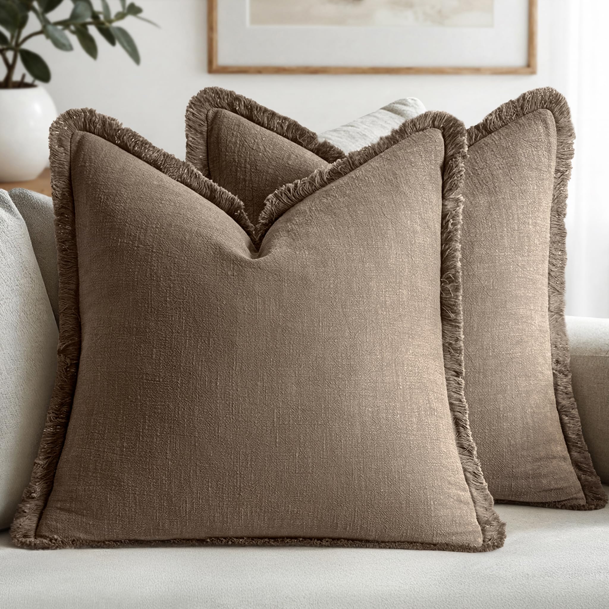 MIULEE cocoa brown linen fringe throw cover showing fringe detail for boho sofa style