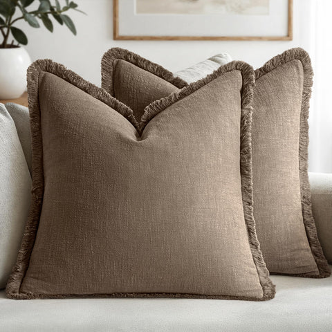 MIULEE cocoa brown linen fringe throw cover showing fringe detail for boho sofa style