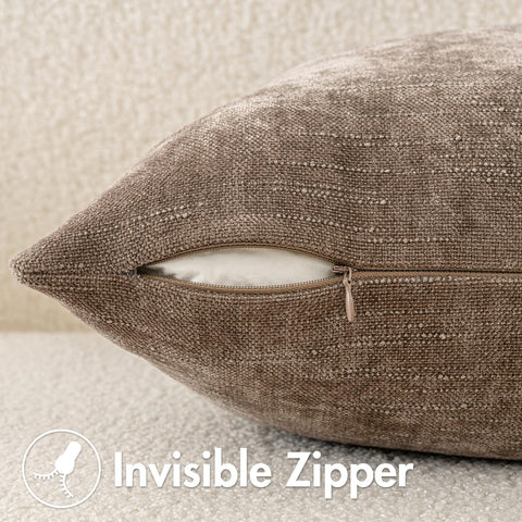 MIULEE taupe grey pillow cover arranged in a cozy living room setup