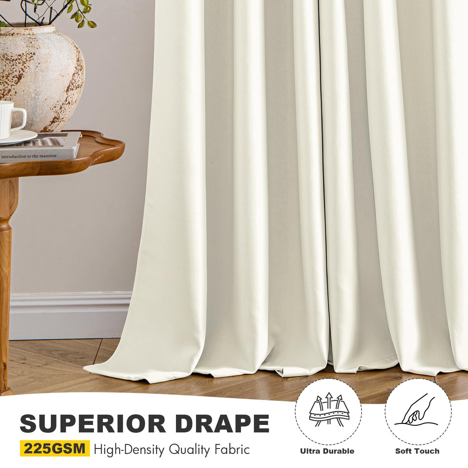 MIULEE Cream Blackout Curtains draped in a living room for cohesive decor