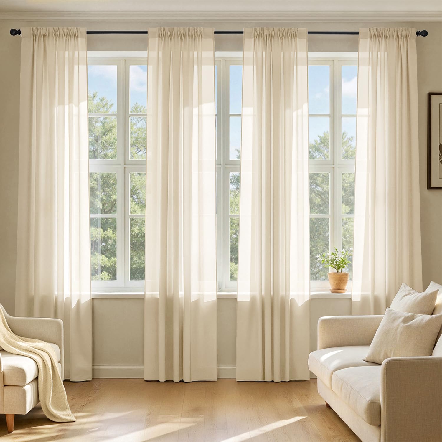 MIULEE cream sheer curtains four-panel window setup with soft daylight