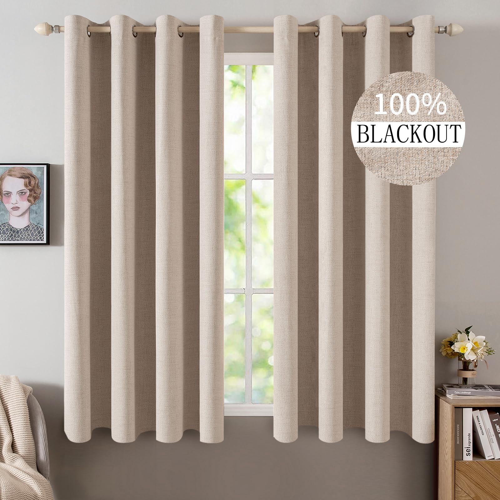 MIULEE curtains natural beige linen texture close-up for premium bedroom decor.