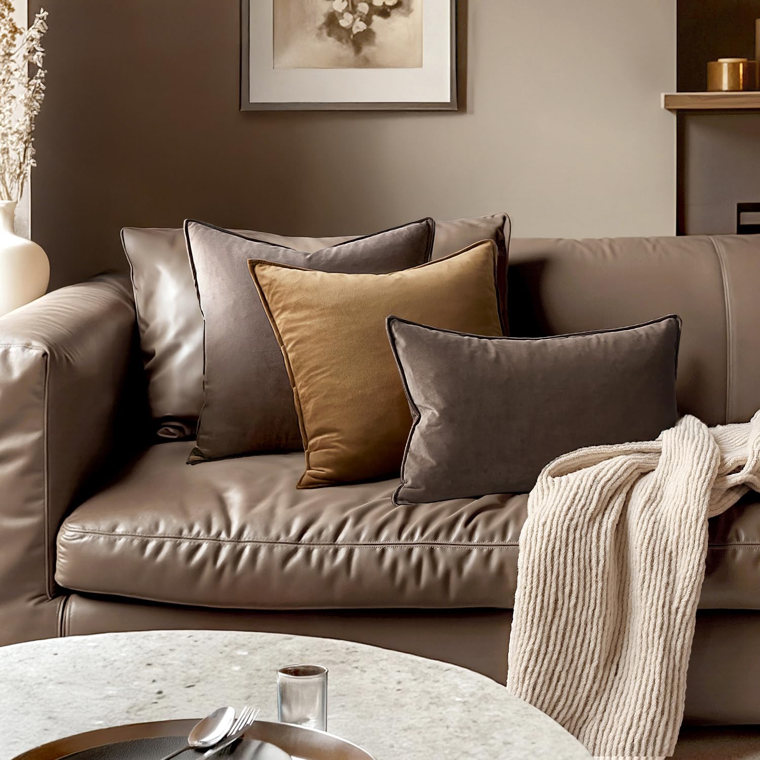 MIULEE dark coffee velvet pillow cover on sofa elevates room aesthetics.