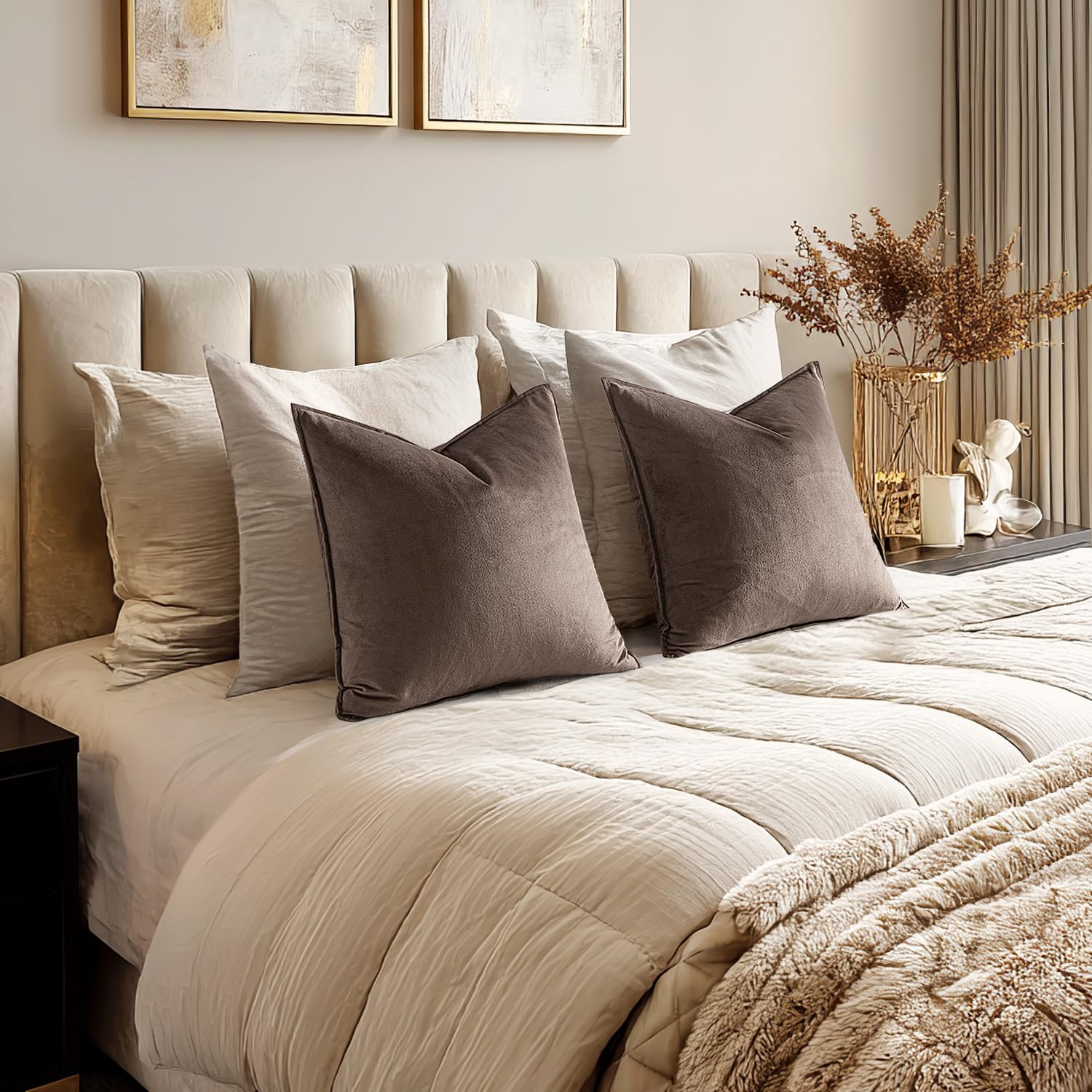 MIULEE dark coffee velvet pillow cover texture and light reflection create rich color shifts.