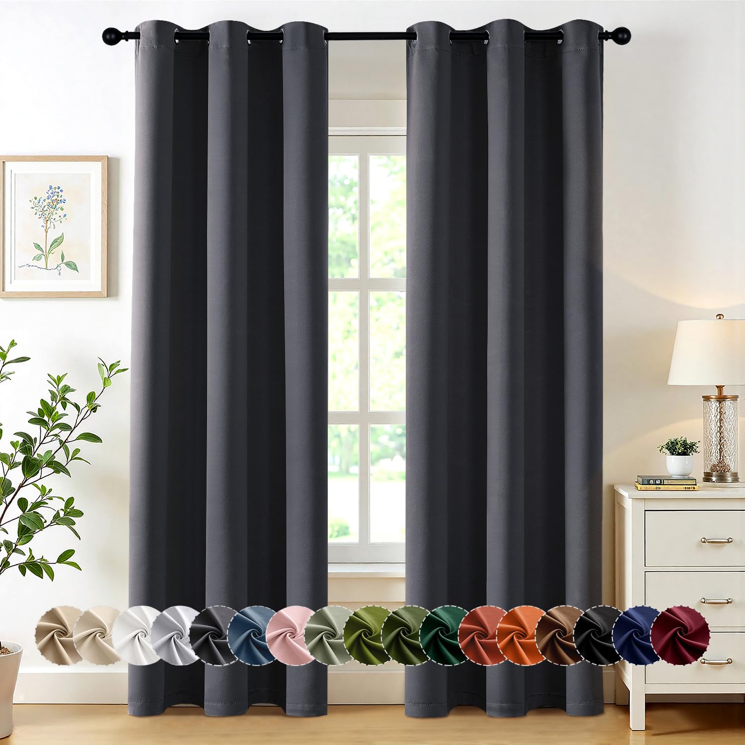MIULEE dark grey blackout curtains 2-panel setup enhances room darkness and style.