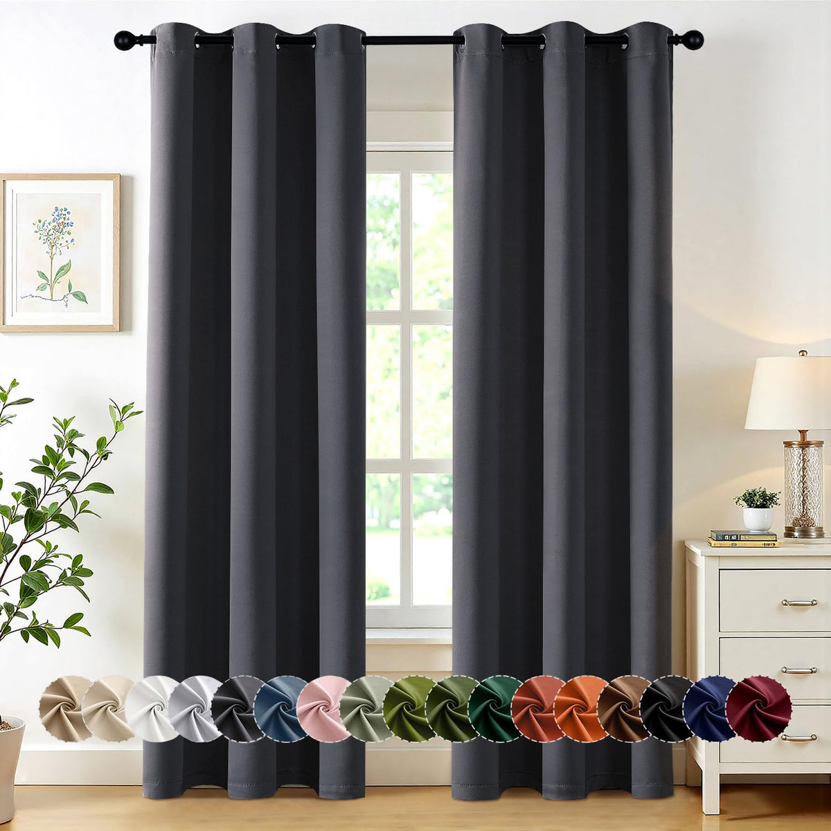 MIULEE dark grey blackout curtains 2-panel setup enhances room darkness and style.