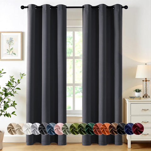 MIULEE dark grey blackout curtains 2-panel setup enhances room darkness and style.