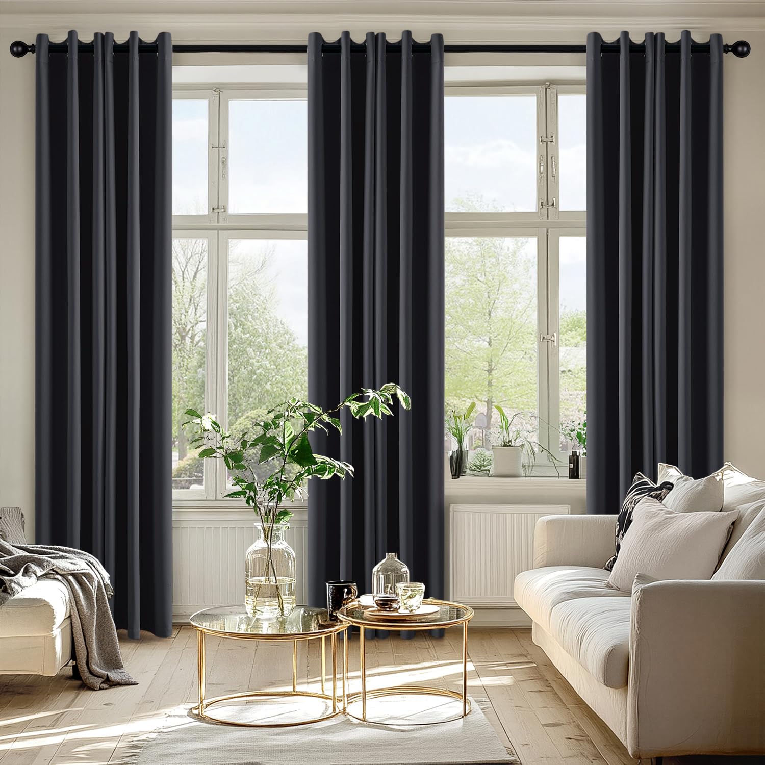 MIULEE bedroom ambiance with dark grey curtains creating a cozy sleeping space.