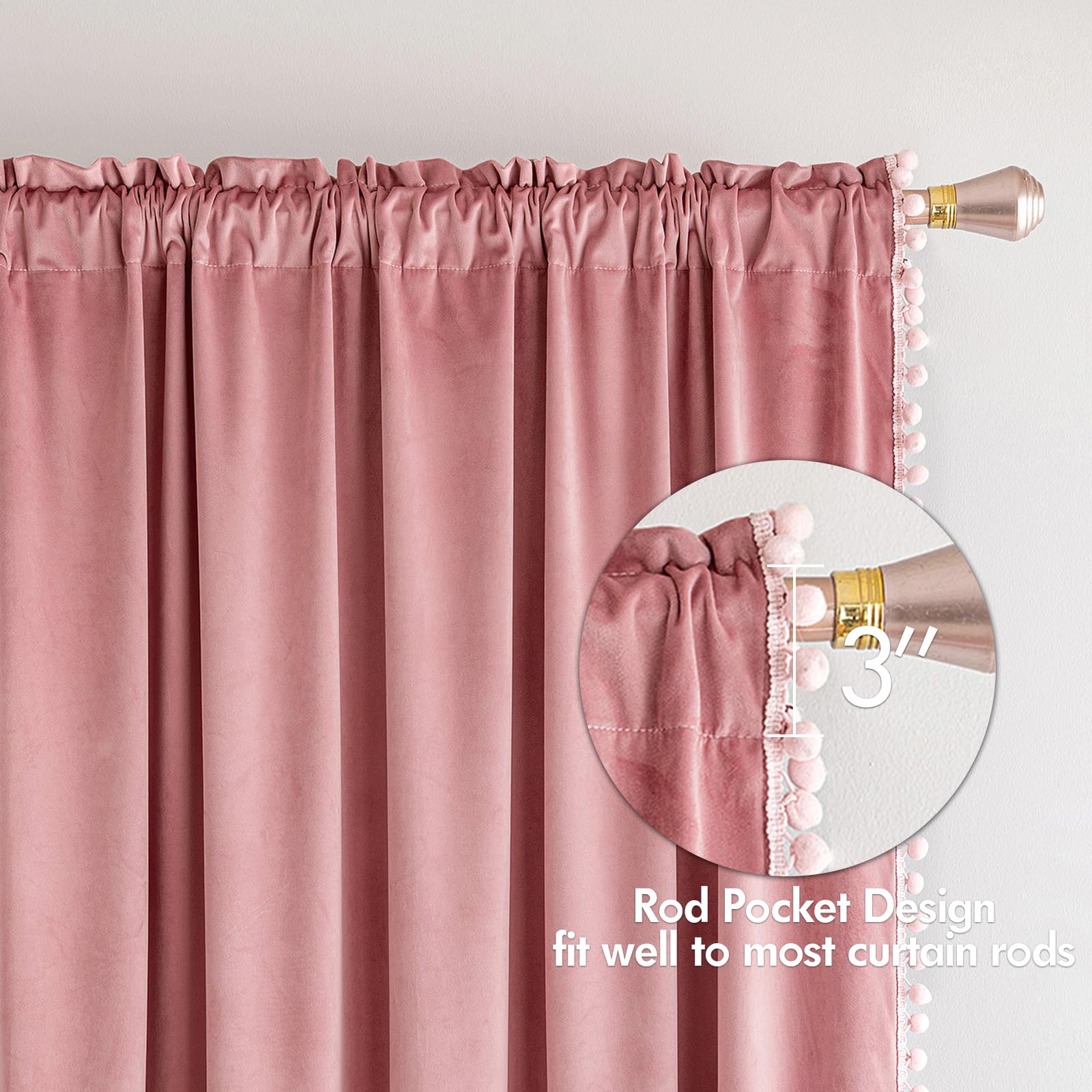 Dark blush velvet curtains provide light blocking for a calmer space
