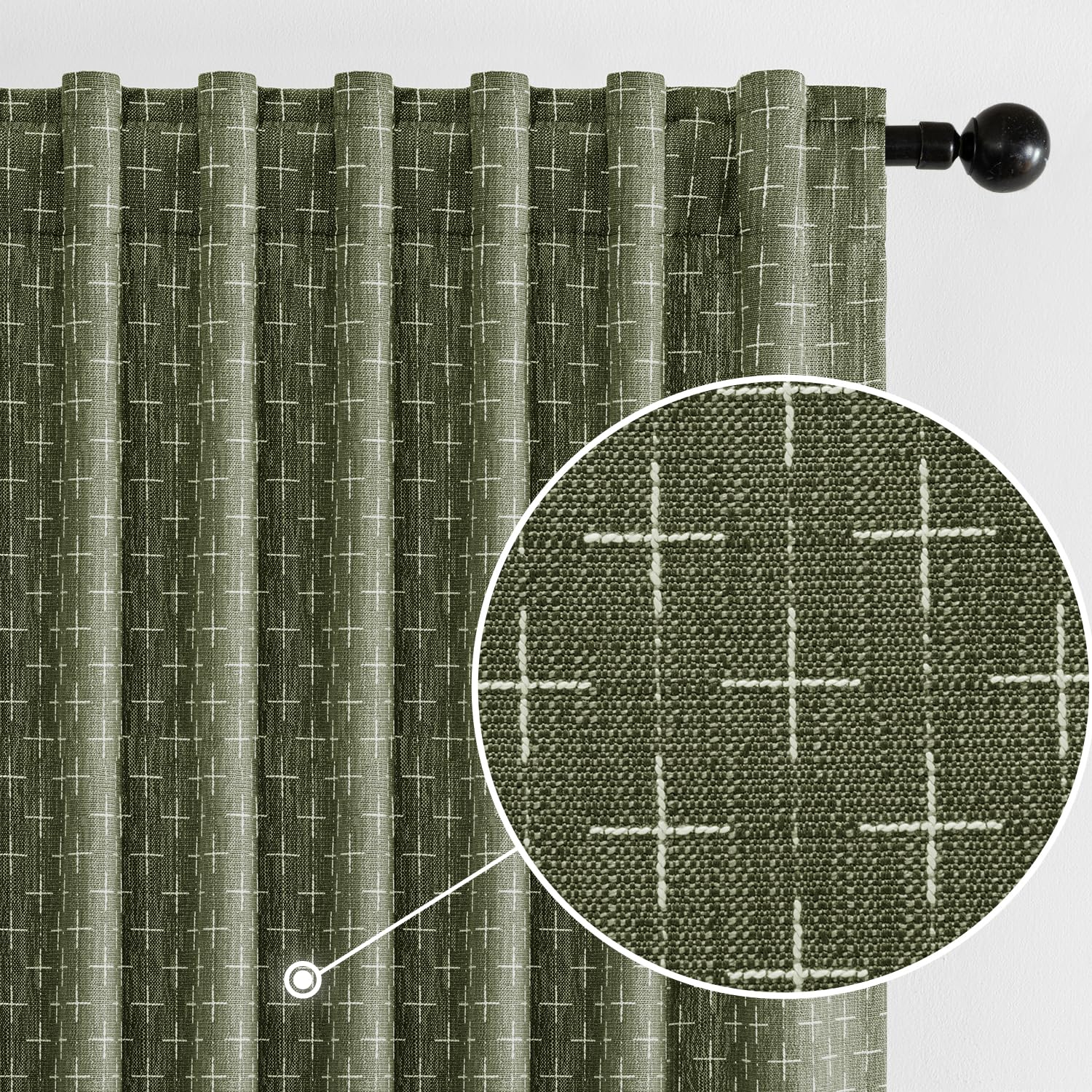 MIULEE back-tab linen curtains with geometric pattern in olive green provide soft light diffusion.