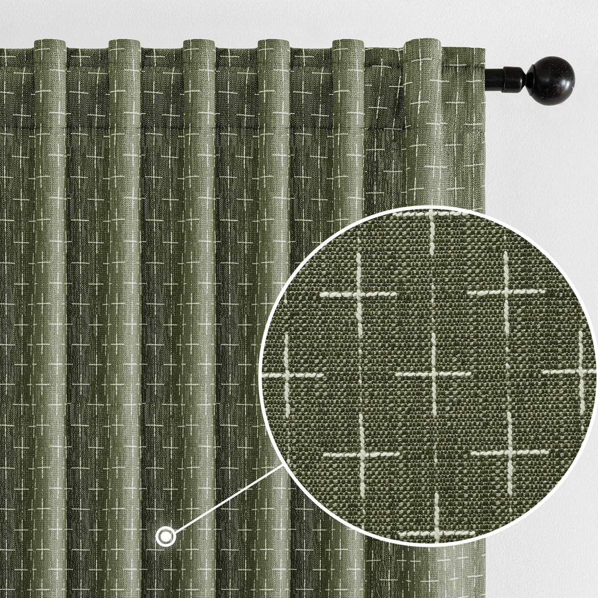 MIULEE back-tab linen curtains with geometric pattern in olive green provide soft light diffusion.