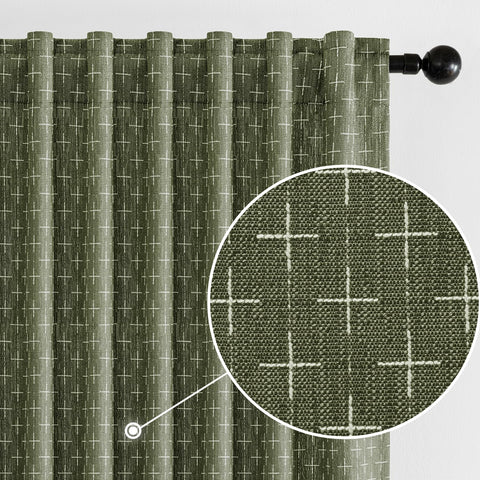 MIULEE back-tab linen curtains with geometric pattern in olive green provide soft light diffusion.