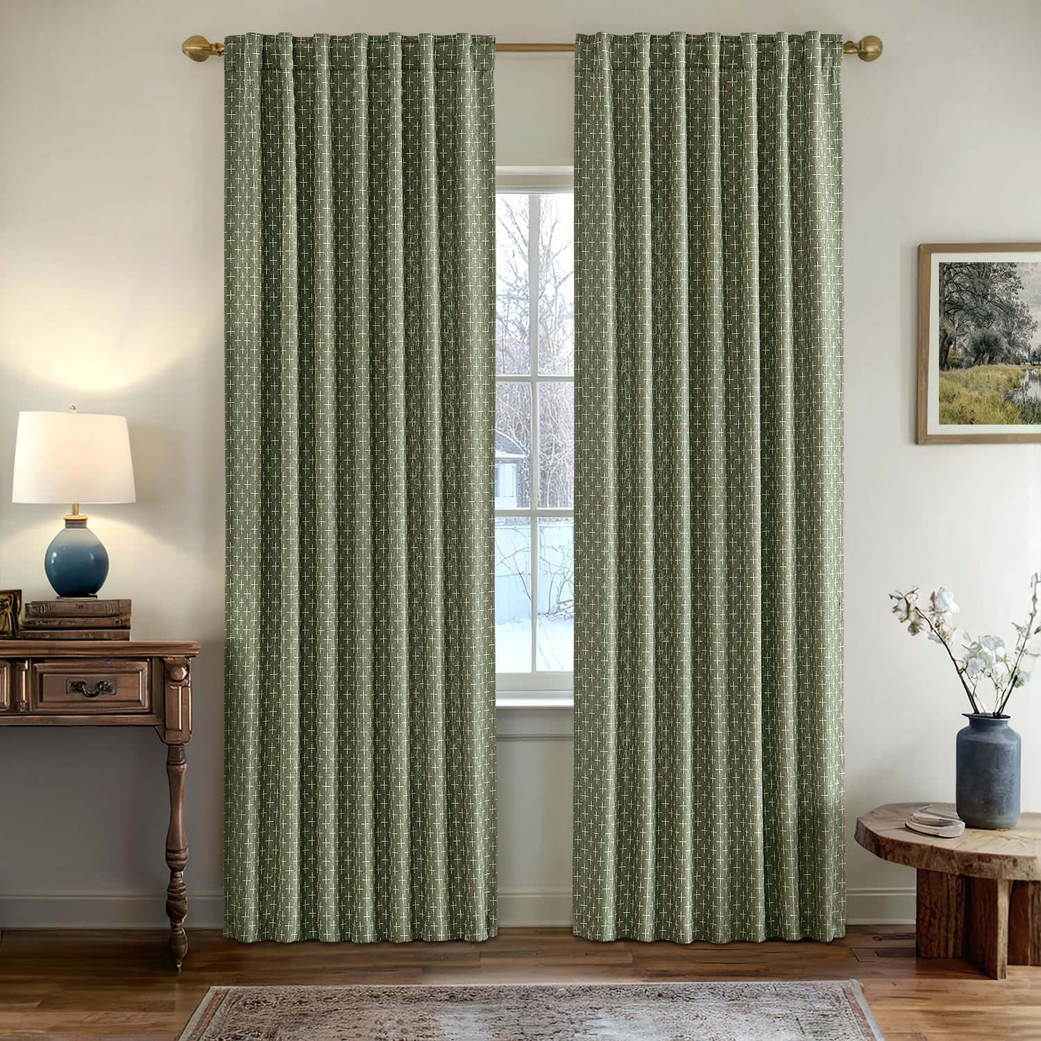 MIULEE geometric-pattern olive-green curtains add texture and privacy to bedrooms.