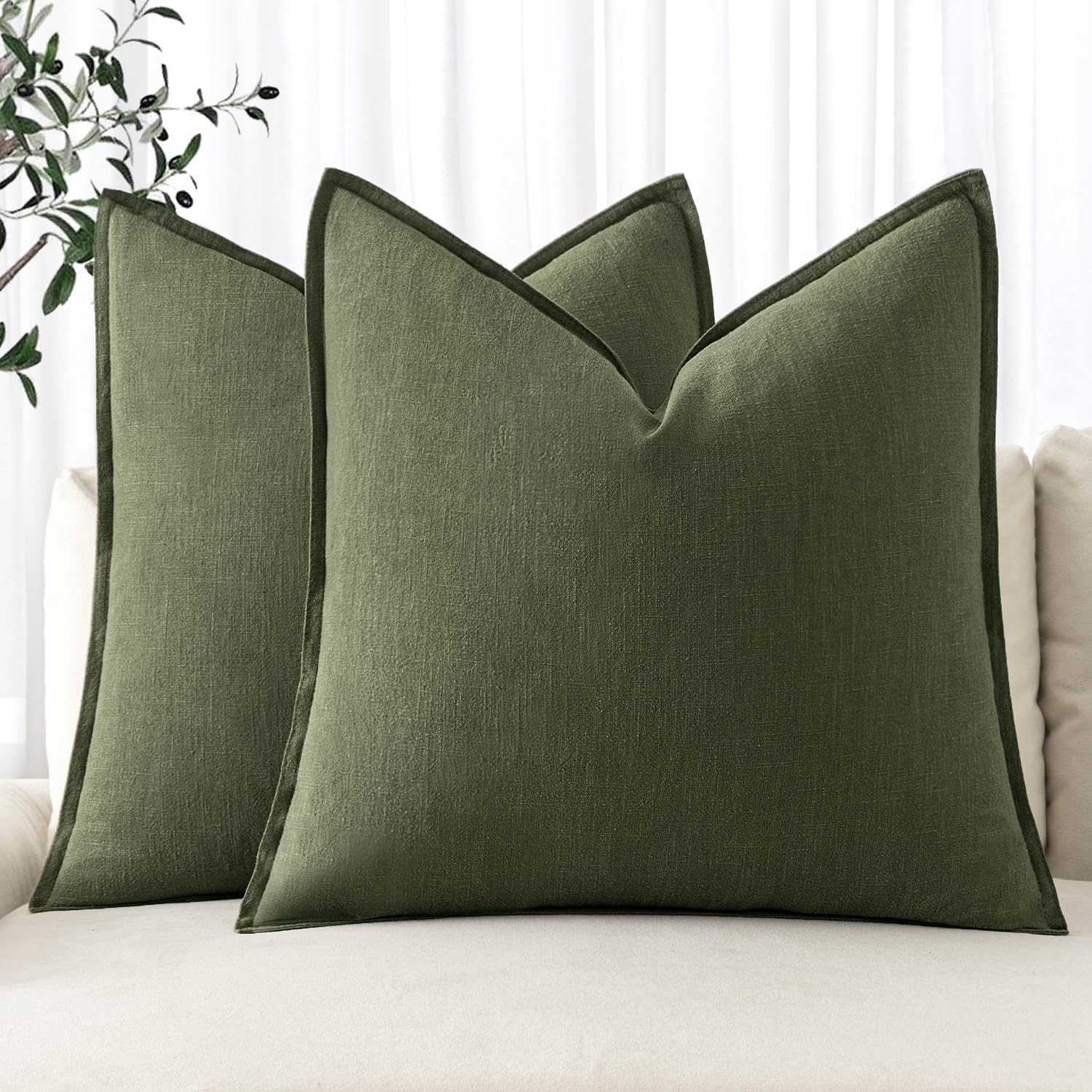 MIULEE decorative linen euro sham 26x26 dark olive, front view for versatile home styling.