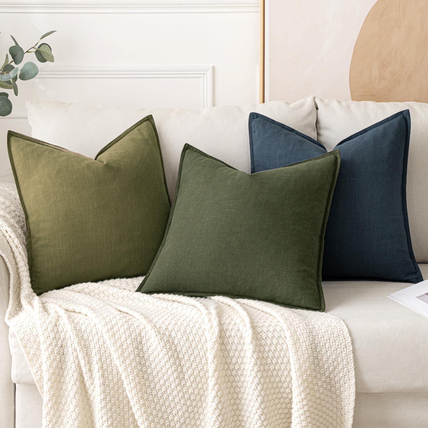 MIULEE decorative linen euro sham 26x26 dark olive, texture closeup for premium feel.