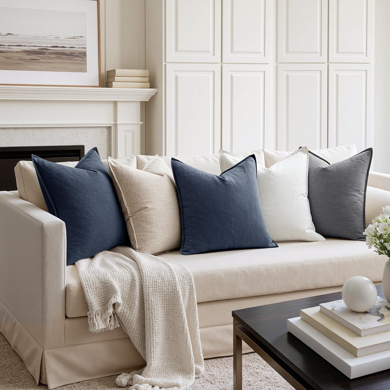 MIULEE indigo blue linen sham on sofa ideal for spring and summer décor