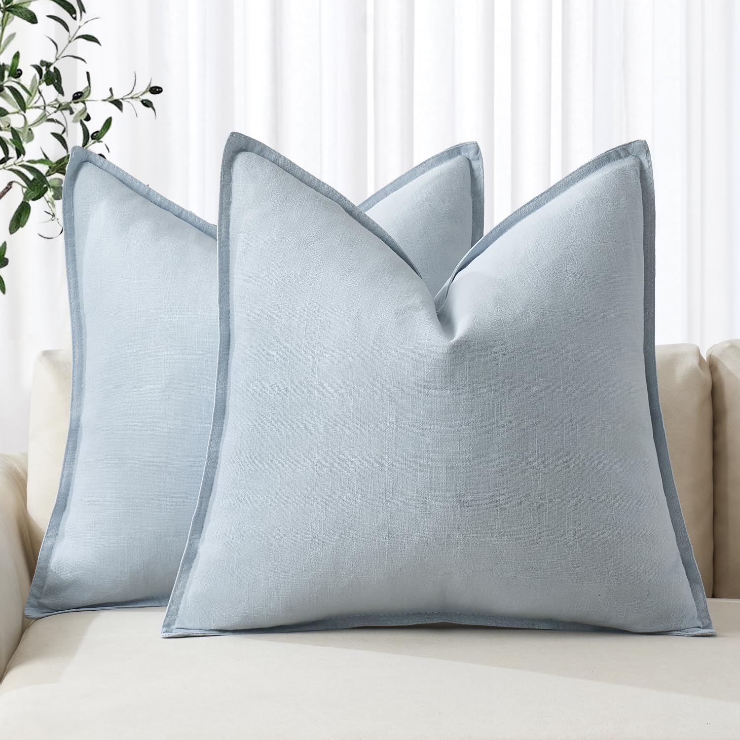 MIULEE decorative linen euro sham for sofa, 24x24, breathable light blue.