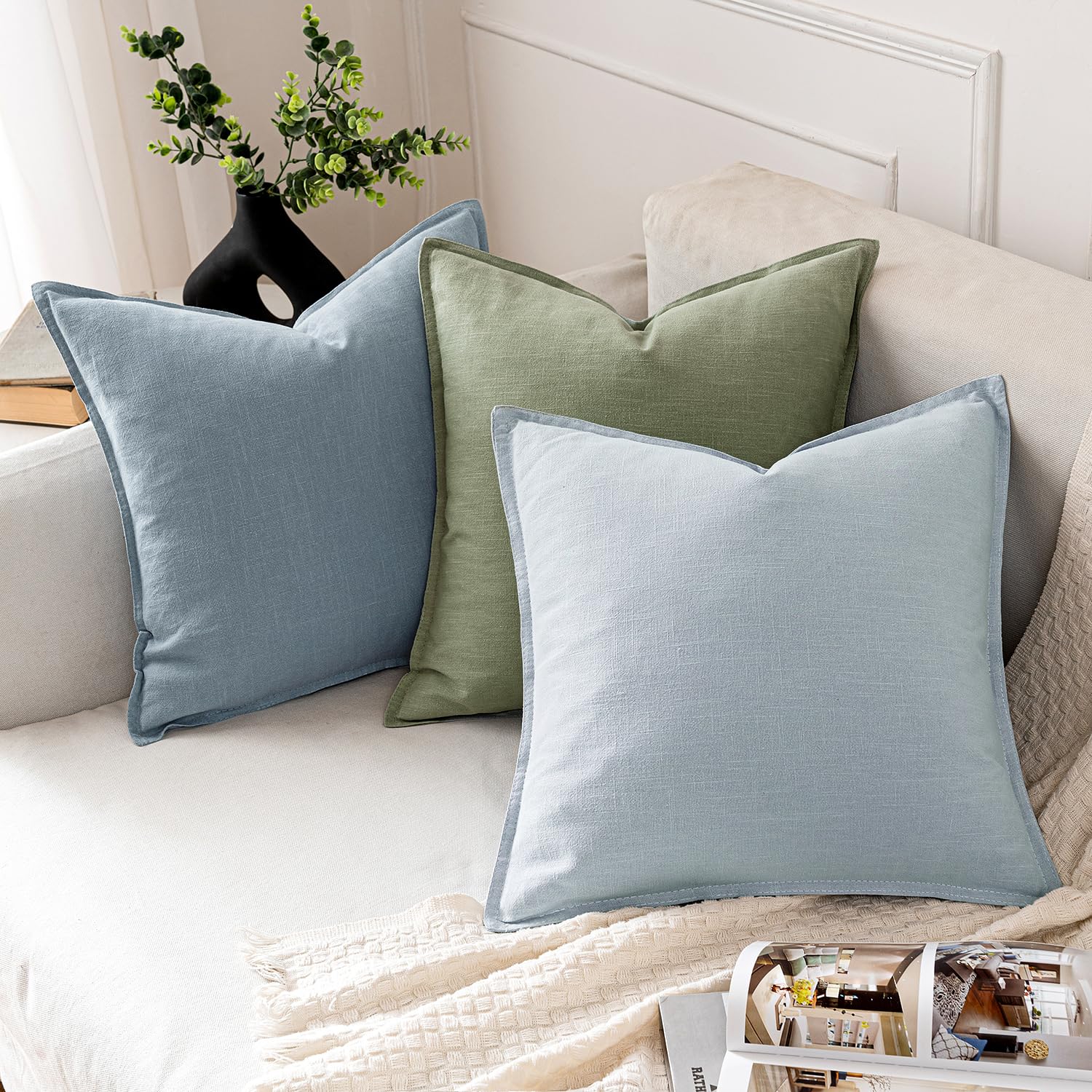 MIULEE sage green linen pillow cover with flange edges for classic charm