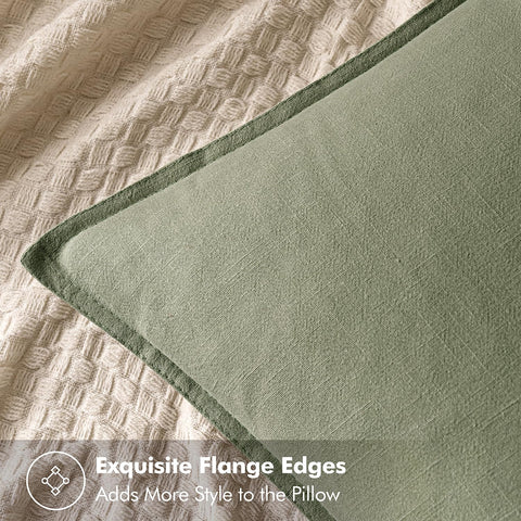 MIULEE decorative linen pillow cover in sage green highlights flange edges for a cozy farmhouse look.