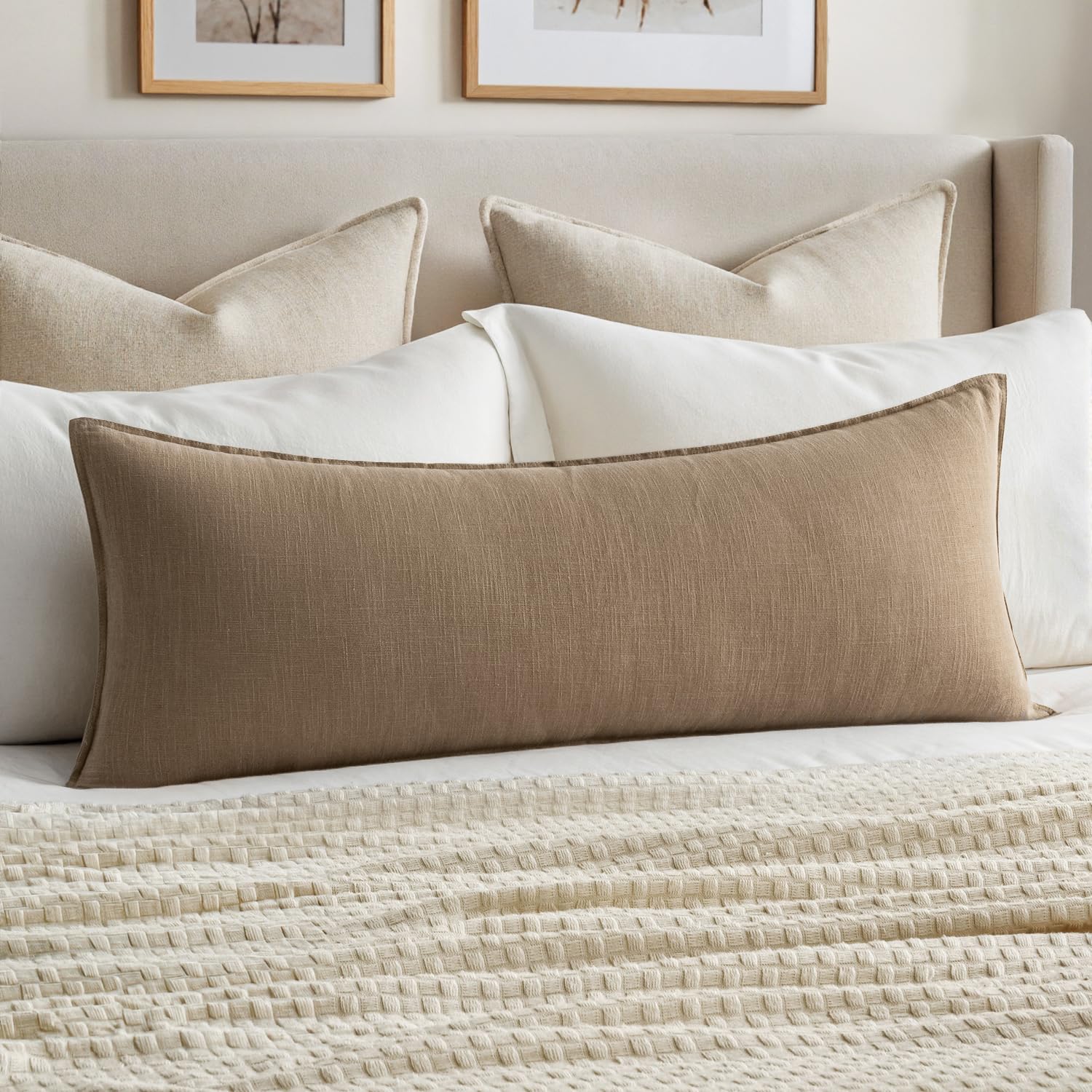 MIULEE long lumbar pillow cover in khaki adds calm to the sofa.