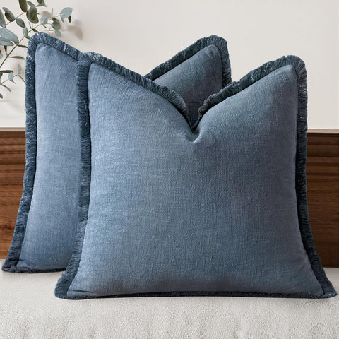 MIULEE decorative pillow cover with linen fringe in blue ashes adds rustic charm to living rooms.