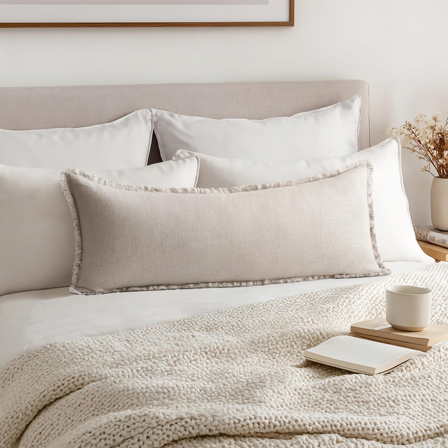 MIULEE decorative pillow cover in neutral linen fringe on sofa adds cozy farmhouse flair.