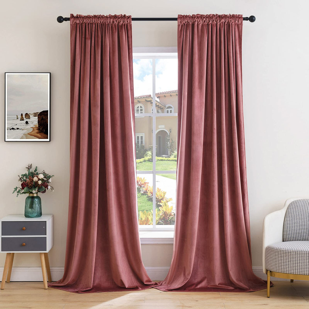 MIULEE dusty rose velvet curtains drape side view to show luxurious texture and silhouette