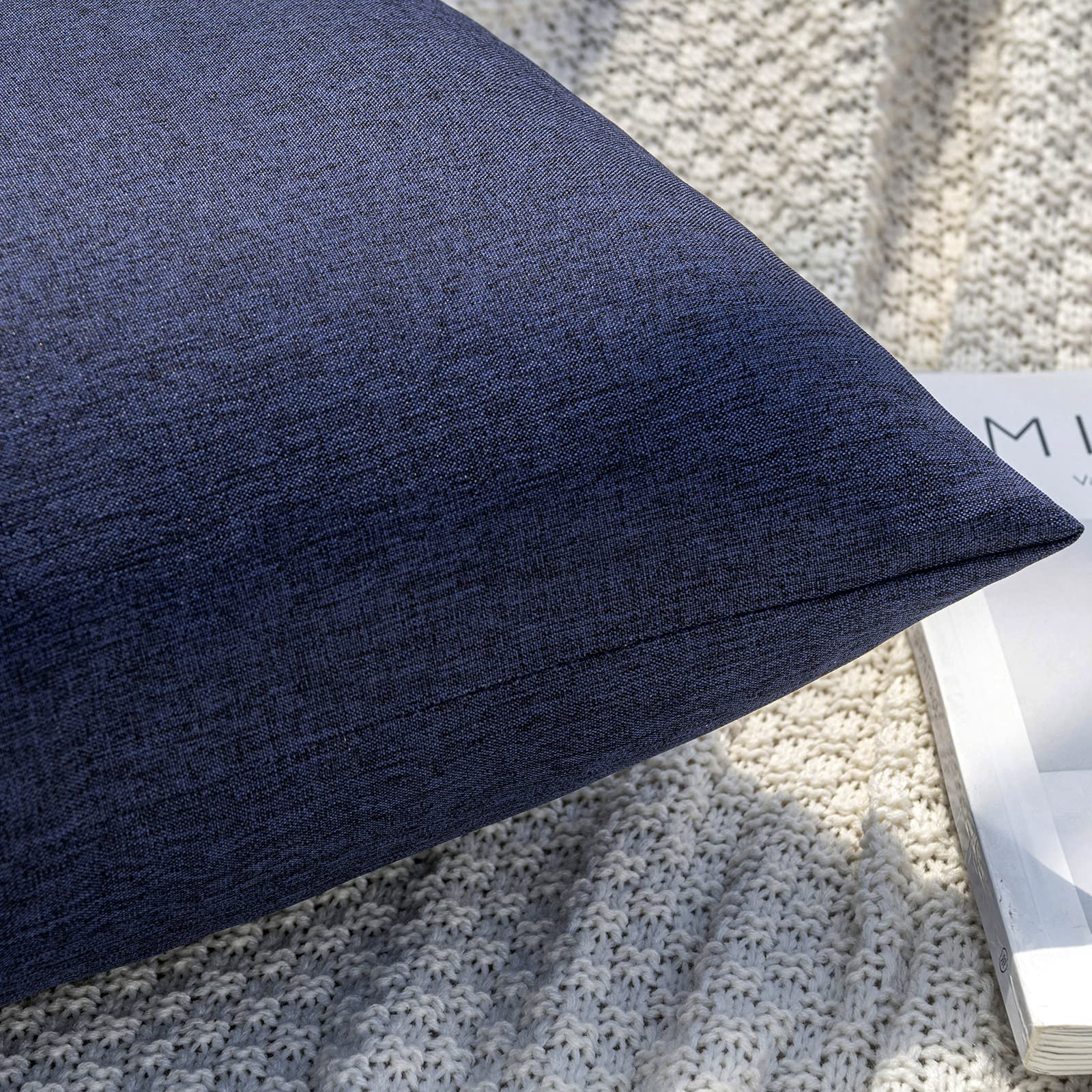 Close up of faux linen texture on MIULEE navy pillow cover