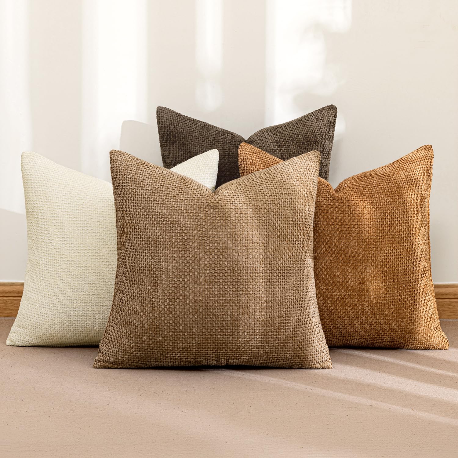MIULEE four-pack brown chenille pillow covers enhances bed layering