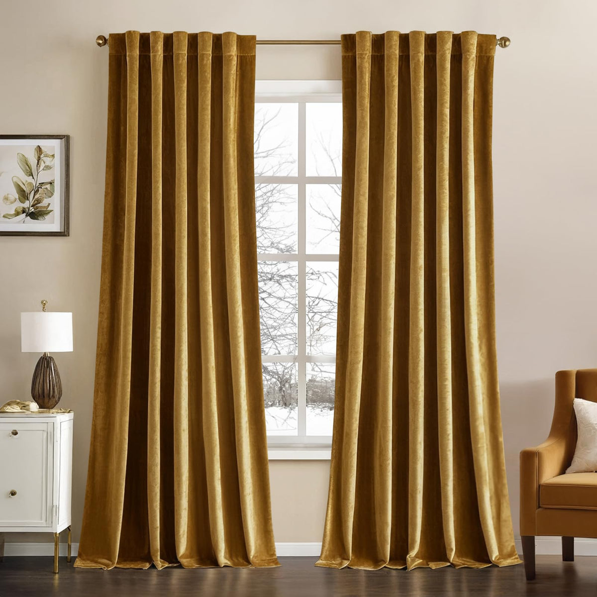 MIULEE Gold Velvet Curtains full panel showing luxurious drape for elegant living spaces.