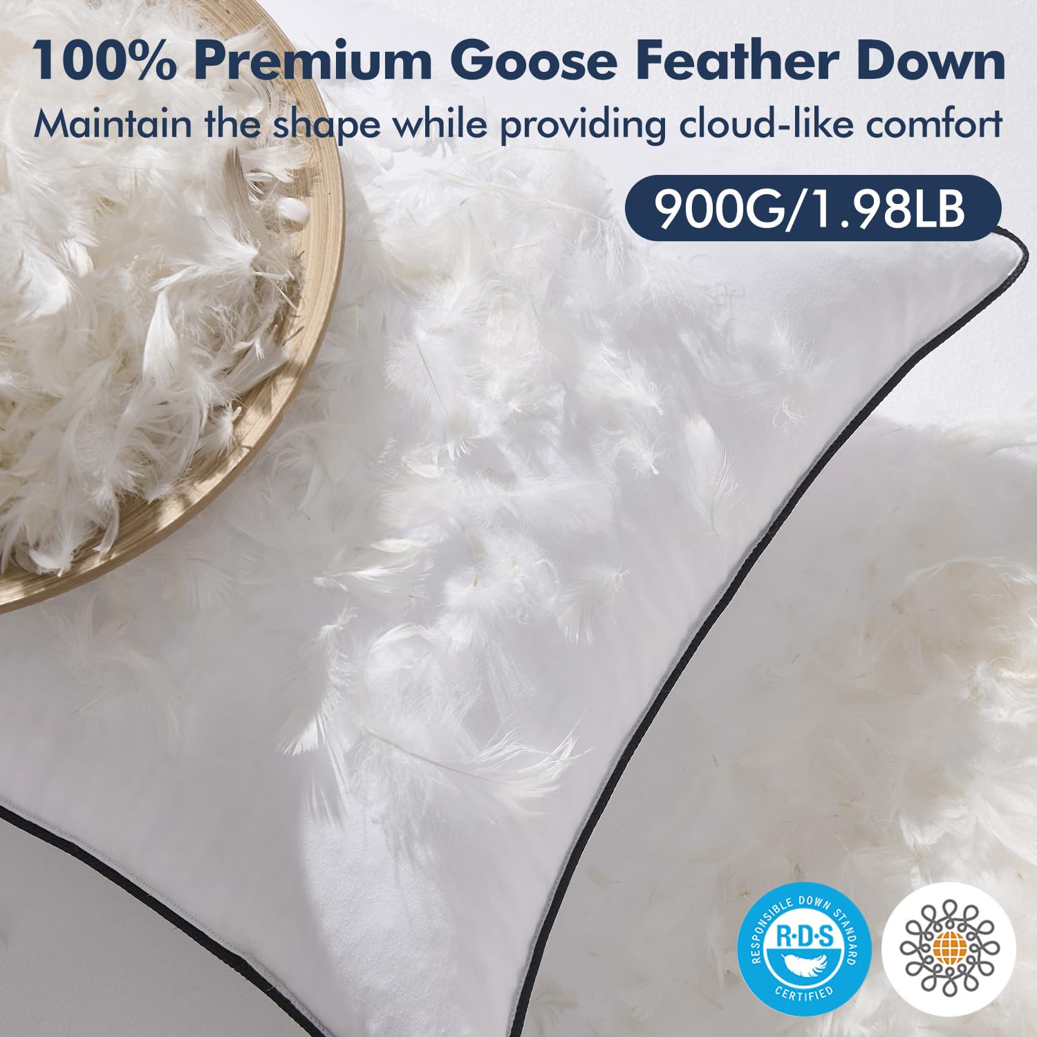 MIULEE goose feather down pillow insert close-up of filling for cloudlike comfort.