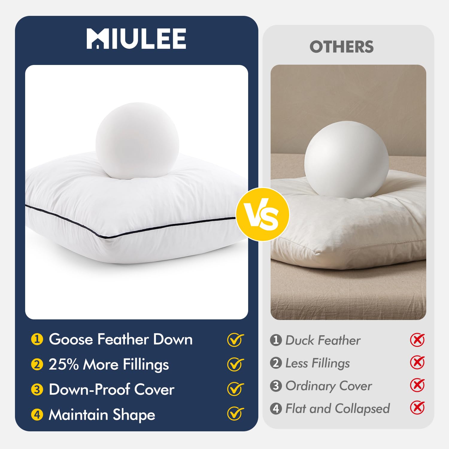 MIULEE goose feather pillow insert neck-support view emphasizes comfort