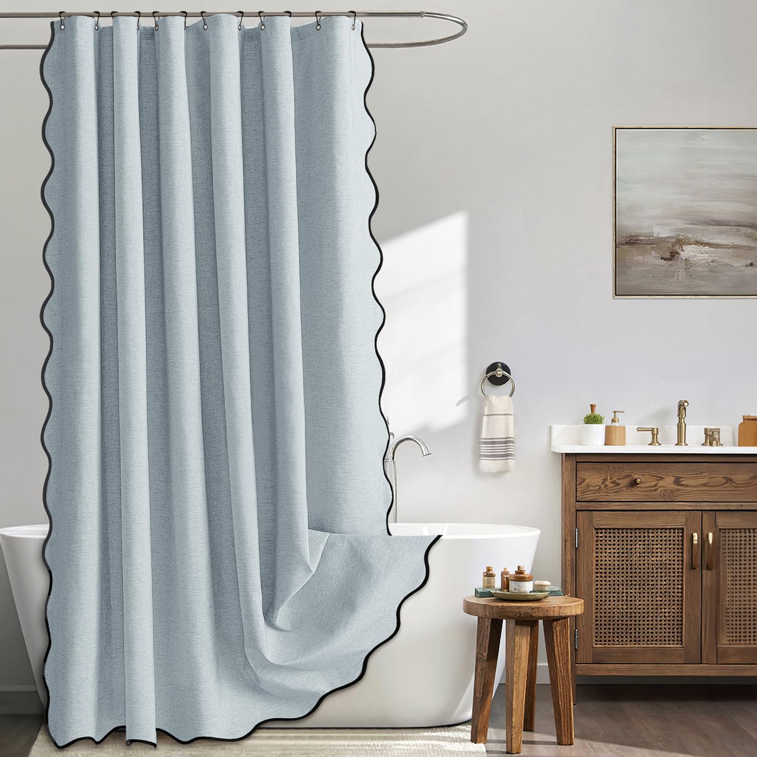 MIULEE light blue scalloped shower curtain front view for stylish bathroom coordination