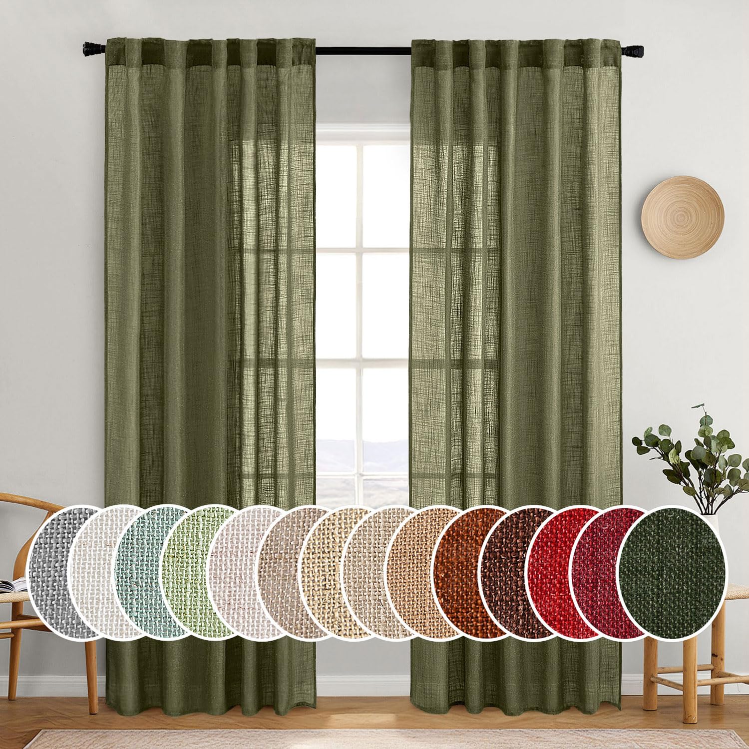 MIULEE light olive green linen curtains close-up texture for natural warmth