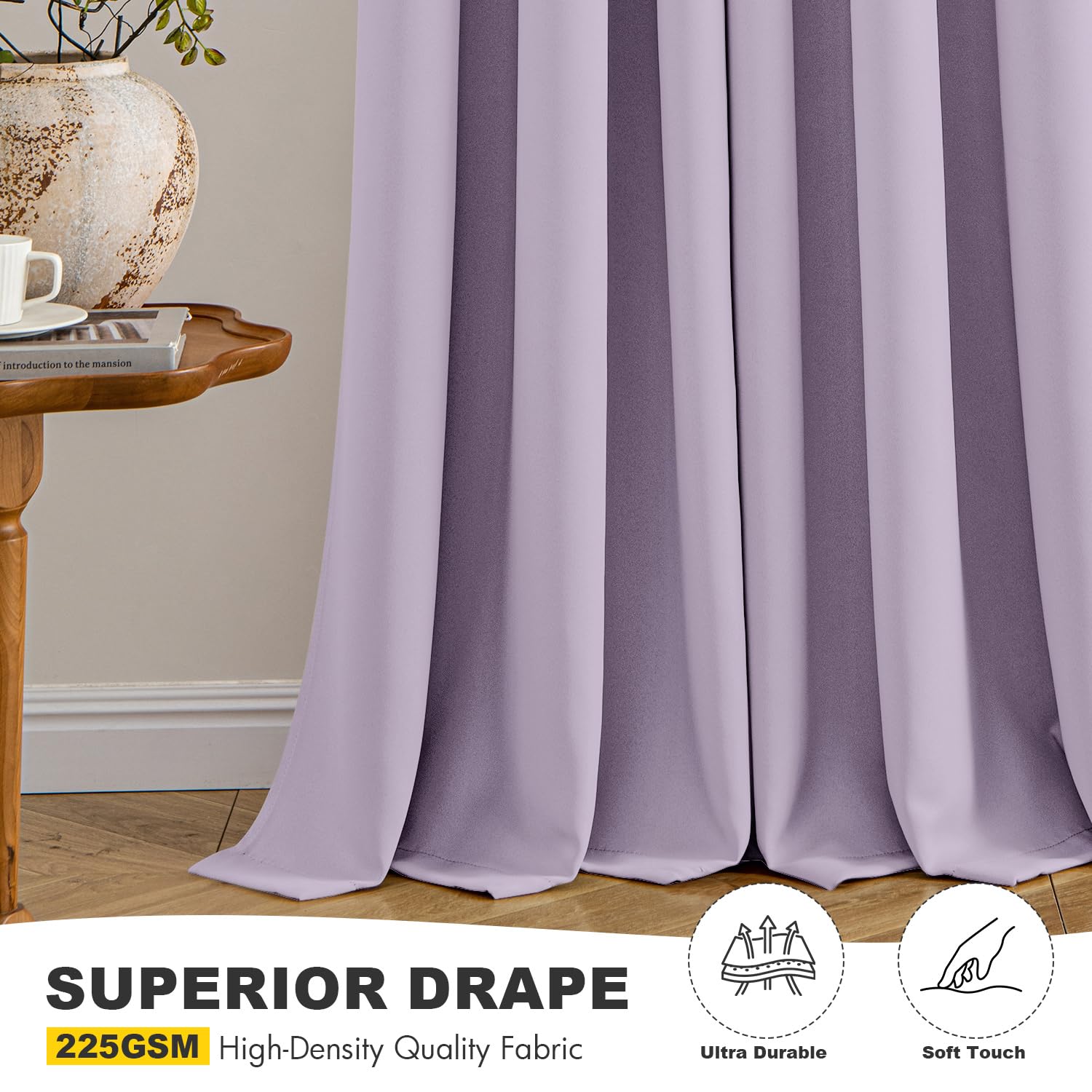 MIULEE Lilac curtains provide noise reduction for a calmer living room.